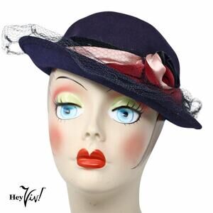 Vintage Henry Pollack Hat Navy Blue w Velvet Satin Trim Adjustable Brim -Hey Viv